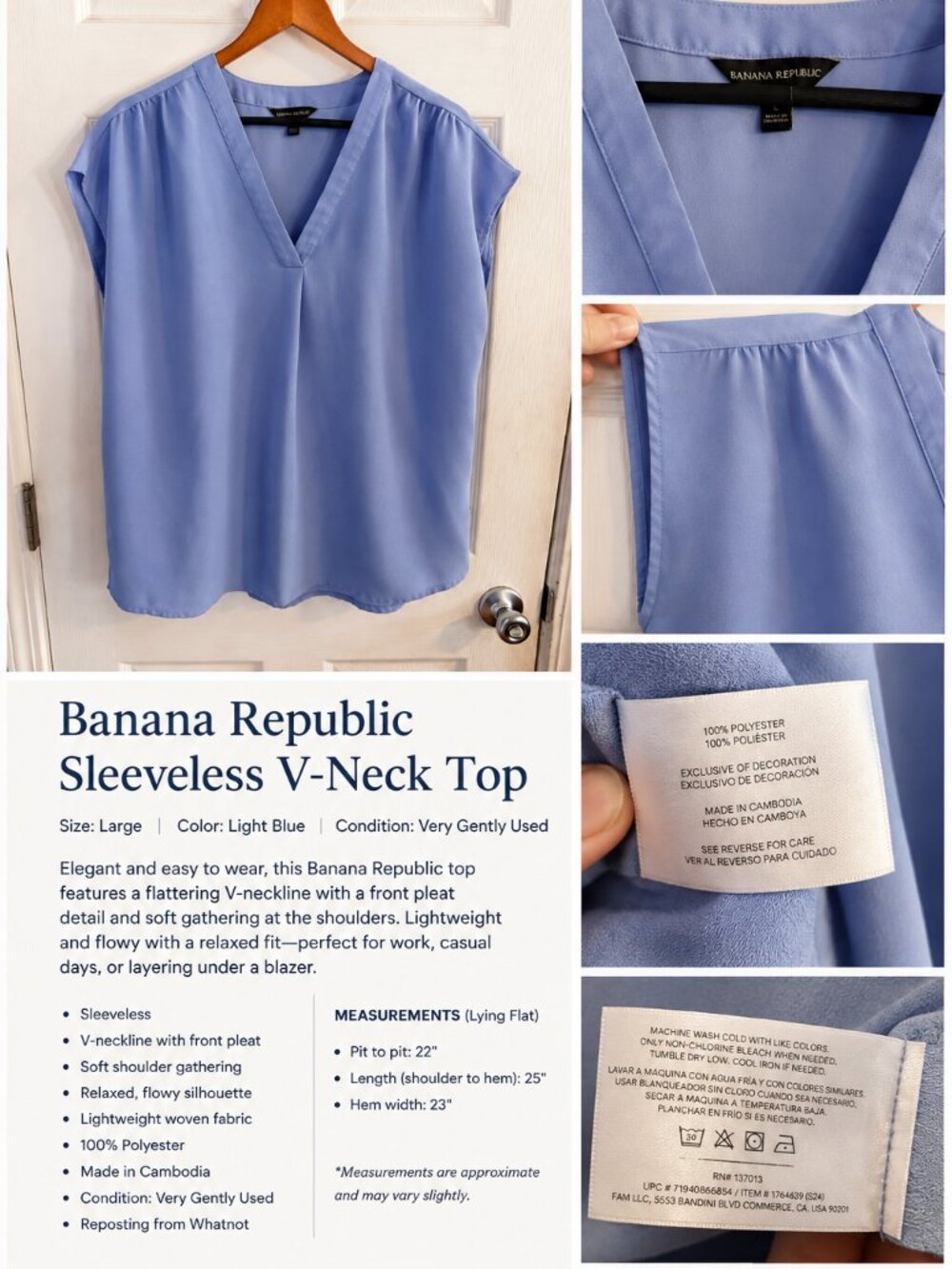 Banana Republic Sleeveless V-Neck Blouse – Light Blue – Size L